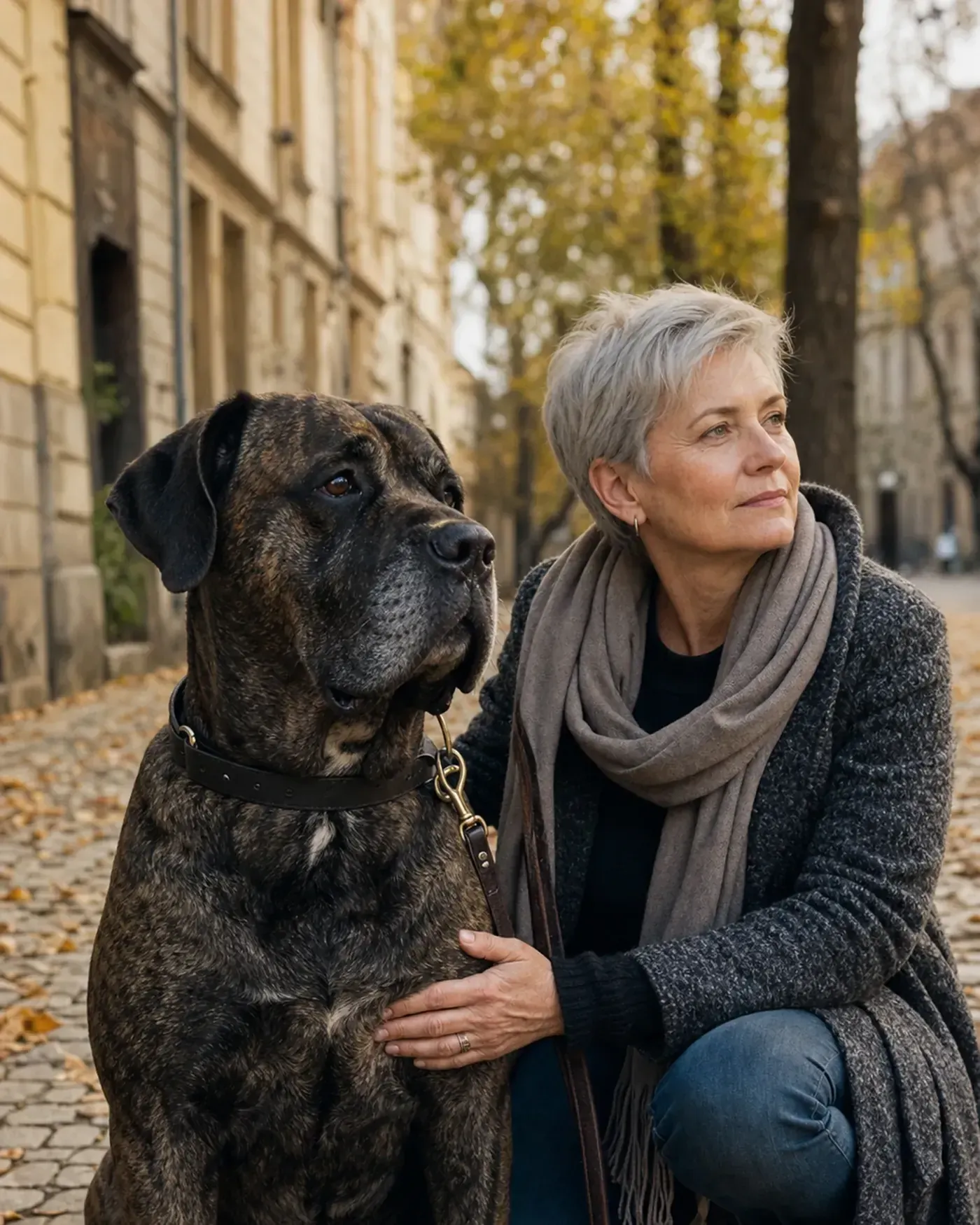 An owner standing calmly beside a large dog on a quiet street.