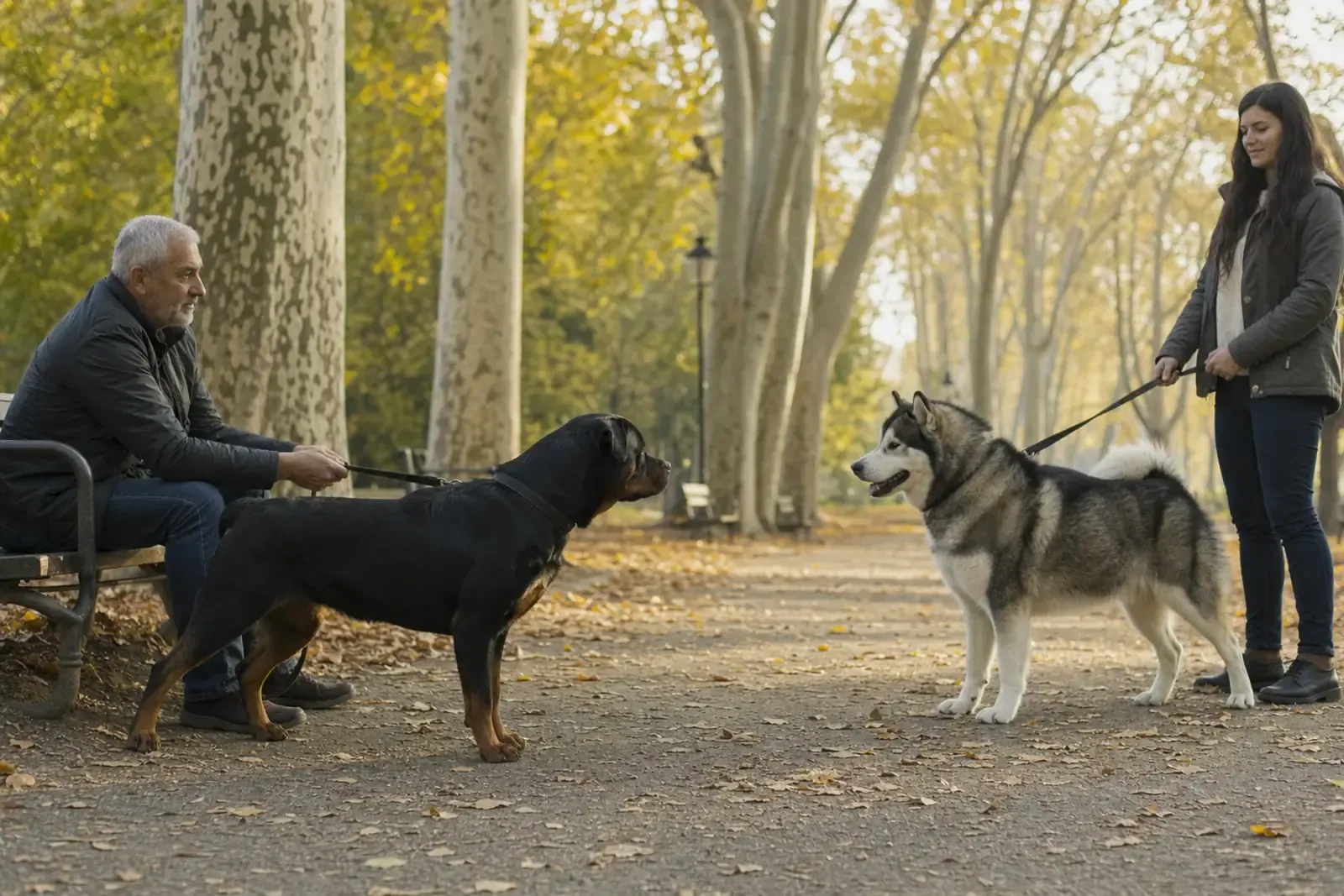 Two dogs meeting calmly on leads while their owners keep a comfortable distance.